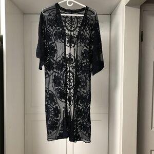 Women’s Swimsuit CoverUp Navy Lace Embroidered Lingerie Sarong Robe NWOT
